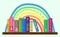 Funny Book Illustration Design for Children with Rainbow. Kids Bookshelf or Bookcase with Books Banner Background