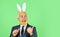 Funny boss. Easter activities for office. Bearded man bunny ears on head. Businessman wear bunny costume accessory