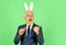 Funny boss. Easter activities for office. Businessman wear bunny costume accessory. Bunny Easter symbol. Spring holidays