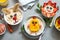 Funny bowls with oat porridge for Easter