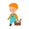 Funny Boy Builder in Hard Hat and Overall Carrying Box with Tools Vector Illustration