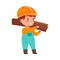 Funny Boy Builder in Hard Hat and Overall Carrying Wooden Plank Vector Illustration