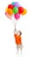 Funny boy with bunch of colorful ballons in hand