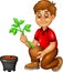 Funny boy cartoon sitting with planting tree and smile
