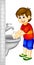 Funny boy cartoon washing hand with smile