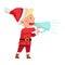 Funny Boy Character Dressed in Santa Claus Costume Talking Megaphone or Loudspeaker Vector Illustration
