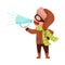 Funny Boy Character Dressed in Winter Clothing Talking Megaphone or Loudspeaker Vector Illustration