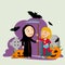 Funny boy and girl in scary costume for celebrating Halloween. Cute death with a scythe and super heroine