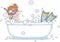 Funny boy in a mask and flippers in a bath