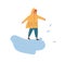 Funny boy in raincoat playing in puddle enjoying autumn weather vector flat illustration. Smiling male kid in seasonal