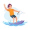 Funny Boy Waterskiing Doing Water Sport Activity Vector Illustration