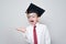 Funny boy wearing graduation hat. Education concept. Middle School, Junior High School. Copy space