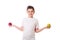 Funny boy on a white background eating apples, healthy eating