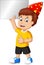 Funny Boy In Yellow Shirt Wearing Red Birthday Hat With Grey Blank Sign Board Cartoon