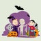 Funny boys in scary costume mummies, wizard and super hero for celebrating Halloween