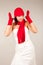 Funny bride with red hat and scarf