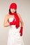 Funny bride with red hat and scarf