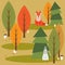 Funny bright colored cartoon autumn forest with animals