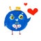 Funny bright painting of Mr. Blue bird falling in love with some stranger girl. Hand drawn cartoonish character