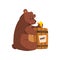 Funny brown bear eating honey from wooden barrel. Cartoon