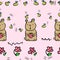 Funny brown bears and bees, flowers - seamless pattern on light pink background