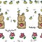 Funny brown bears and bees, flowers - seamless pattern on white background