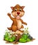 Funny Brown Beaver On Top of Wood Tree With Rocks And White Flower Cartoon