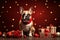 Funny brown French bulldog on festive red Christmas background with present boxes and ornaments decoration