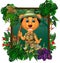 Funny Brown Lion In Forest With Tropical Plant Flower In Wood Square Frame Cartoon