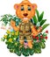 Funny Brown Lion With Tropical Plant Flower Cartoon