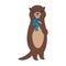 Funny brown otter caught a fish, on white background. Kawaii. Vector illustration
