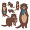 Funny brown otter collection on white background. Kawaii. Vector