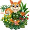 Funny Brown Squirrel With Tropical Plant Flower Cartoon