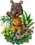Funny Brown Tapir With Tropical Plant Flower Cartoon