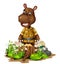 Funny Brown Tapir With Wood Tree, Rock, And White Ivy Flower Cartoon