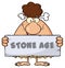 Funny Brunette Cave Woman Cartoon Mascot Character Holding A Stone Sign With Text Stone Age.