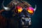 Funny buffalo wearing sunglasses in studio with a colorful and bright background. Generative AI
