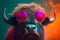 Funny buffalo wearing sunglasses in studio with a colorful and bright background. Generative AI