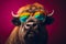 Funny buffalo wearing sunglasses in studio with a colorful and bright background. Generative AI