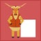 Funny bull with long horns holds a white poster for advertising. Rustic flat cartoon cow character. Longhorn in a vest