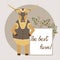 Funny bull with long horns holds a white poster for advertising. Rustic flat cartoon cow character. Longhorn in a vest. Caption: