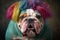 Funny bulldog dog dressed as a clown wearing a colorful wig
