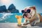Funny bulldog drinking cocktail at beach bar. Summer sea resort. AI generative illustration.