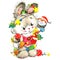 Funny bunny and Christmas watercolor background New year cute bunny