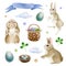 Funny bunny easter watercolor set. Cute cartoon animals with basket, painted eggs, nest, clouds collection. Spring