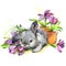 Funny bunny and flowers illustration. watercolor drawing.