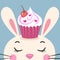 Funny bunny greeting card with valentine cupcake on head