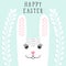 Funny bunny, rabbit head in floral wreath. Happy Easter greeting