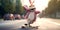 Funny bunny rides a skateboard on a summer day along the street. Anthropomorphic Cute hare rides a skateboard. Easter concept.