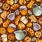 Funny buns, honey, milk, tea cup and berries seamless pattern.